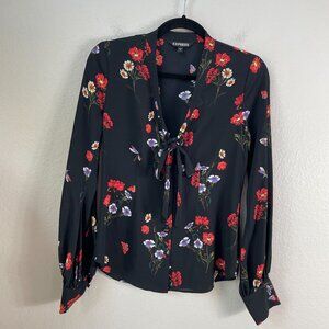 Express Womens Small Black Floral Dragonfly Tie Front Blouse Long Sleeve Shirt